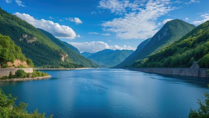 Scenic dam with an open sky in vibrant blue hues