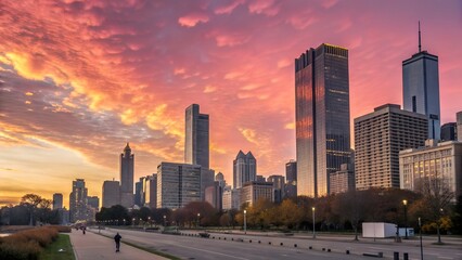 Obraz premium Pink and Gold Cityscape at Dawn.