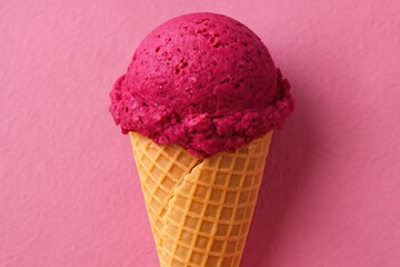 Detailed view of a black currant flavored ice cream in a crispy cone