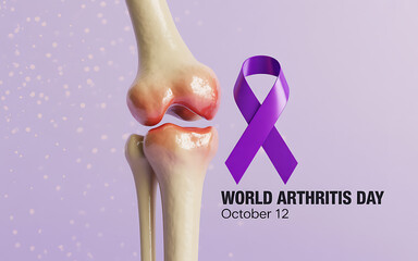 Photo of world arthritis day awareness with purple ribbon and knee joint illustration, highlighting the importance of health, support, and research for arthritis
