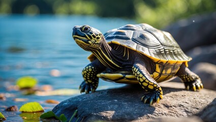 Obraz premium Close-up shot of a stunning turtle perched on a rocky surface