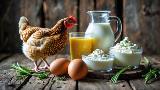 Assorted dairy products such as milk, sour cream, and cottage cheese with fresh hen and quail eggs on a wooden backdrop, rustic theme with focus detail