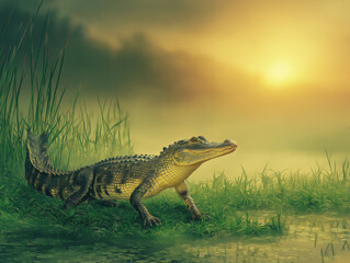 Alligator resting on the bank of a serene swamp, surrounded by lush green grass and reflecting water, under a warm golden sunset sky showcasing nature's tranquility