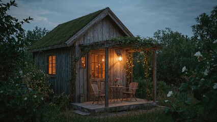 Small wooden cabin house exterior at dusk