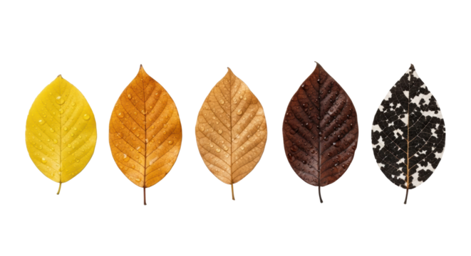 Five broad leaves with water droplets, linear decay gradient from fresh yellow to cracked black, isolated on transparent, top-down macro. Concept of natural decay