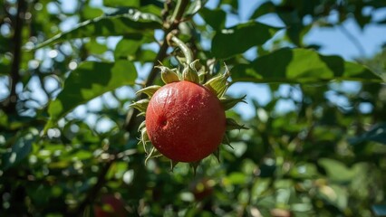 Obraz premium Detailed shot of roselle plant featuring bright red fruits and fresh leaves