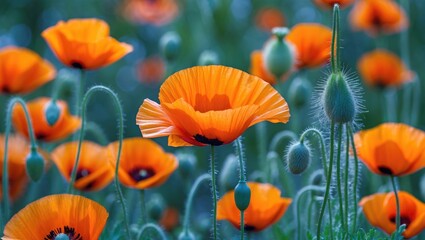 Close-up shot of a single vibrant orange poppy