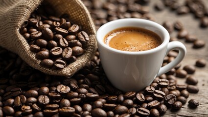 Naklejka premium Coffee Cup Paired with Fresh Coffee Beans