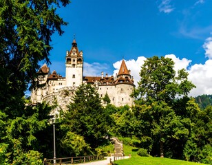 Fototapeta premium Bran Castle in Transylvania, Romania a medieval architecture against a clear sky