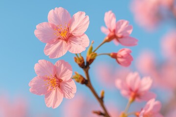 Fototapeta premium Close-up of delicate pink blossoms from a flowering tree on a blue background in springtime