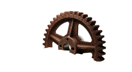 A large, heavily rusted industrial gear of aged steel, intricate corrosion patterns, partially submerged in transparent sand on a transparent studio background. Concept of industrial decay and
