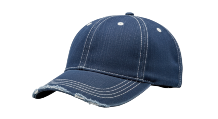 A classic indigo blue denim cap with frayed brim and visible twill weave, presented in an ultra photorealistic 3/4 close-up on a smooth transparent studio background, commercial product photography