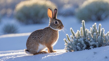 Profile view of a desert cottontail rabbit on a snowy landscape during early winter dawn in a national reserve