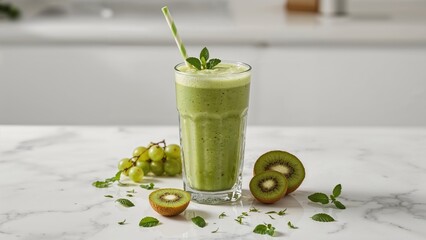 Tasty fresh smoothie with ingredients on a white marble countertop in the kitchen
