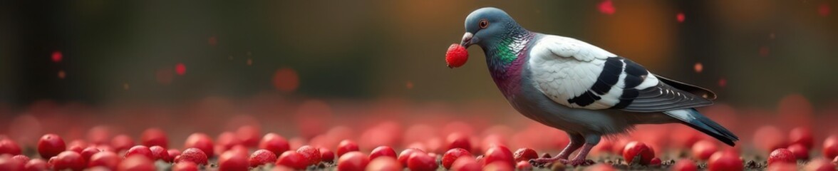 Fototapeta premium Pigeon consuming red Chinese pistache berries, close-up , Chinese pistache, red
