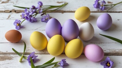Festive Easter Postcard with colorful violet and yellow eggs against a classic white background and room for personalized message