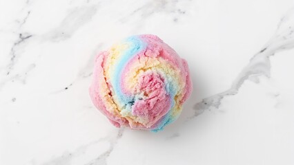 Creamy pastel ice cream atop a smooth white marble base