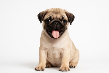 Charming young canine showing its tongue, photographed studio-style on a white background