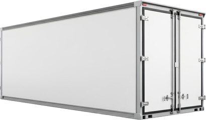 White refrigerated truck box cargo container with rear doors and latches transport logistics freight transparent background