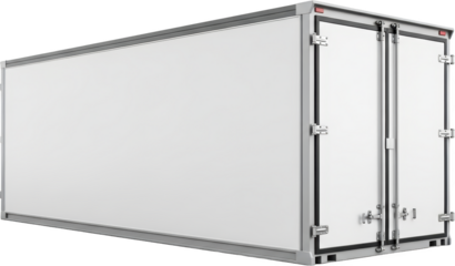 White refrigerated truck box cargo container with rear doors and latches transport logistics freight transparent background