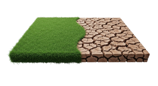 Top-down, studio-lit photograph of a flat surface, half lush green grass, half cracked earth, seamless transition against a transparent background, high contrast environmental concept