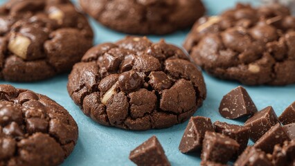 Fototapeta premium Macro Shot of Chocolate Cookies Set on a Soft Blue Backdrop with Chocolate and Cookie Bits in Foreground