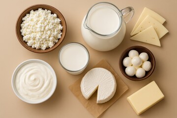 Fototapeta premium Variety of dairy products arranged overhead on a plain beige background