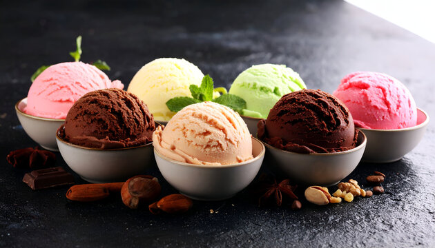 Colorful scoops of ice cream in waffle cone. - Powered by Adobe