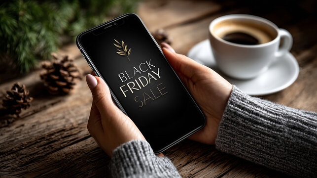 Person holding smartphone displaying Black Friday sale offer with elegant golden wheat design. Cozy autumn scene with coffee cup, pine cones on rustic wooden table.
