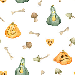 Spooky Halloween Pattern with Pumpkins, Ghosts, Bones and a Mushroom on a White Background, a hand-drawn watercolor seamless design for textile and seasonal decor