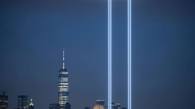 The tribute in light memorial shines two powerful beams of light into the night sky over the new york city skyline to honor the victims of september 11th