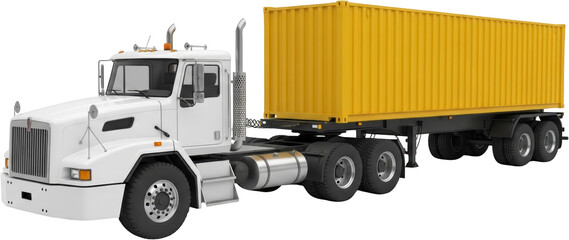 White semi trailer truck hauling a yellow shipping container automotive industry transport semitrailer transparent background