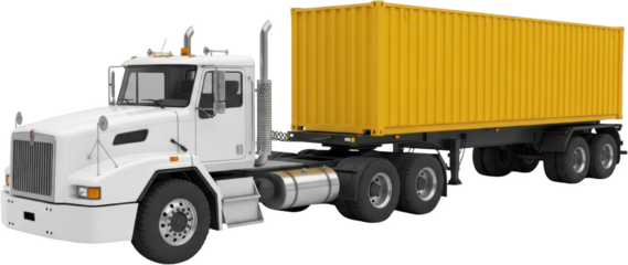 White semi trailer truck hauling a yellow shipping container automotive industry transport semitrailer transparent background