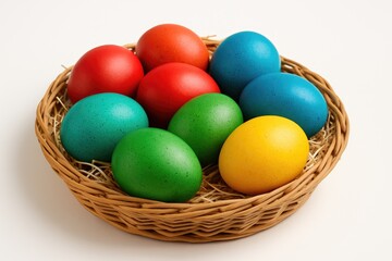Obraz premium Festive eggs arranged in a basket against a white backdrop