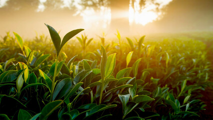 Fototapeta premium wet green grass and sun glowing