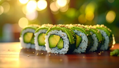 Delicious avocado sushi rolls arranged on a wooden surface, with blurred bokeh lights in the background creating a warm atmosphere