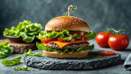 Savory burger featuring melted cheese, crisp lettuce, and ripe tomato served on a stone surface