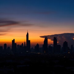 Fototapeta premium Cityscape silhouettes catching the fading light of day in urban skyline