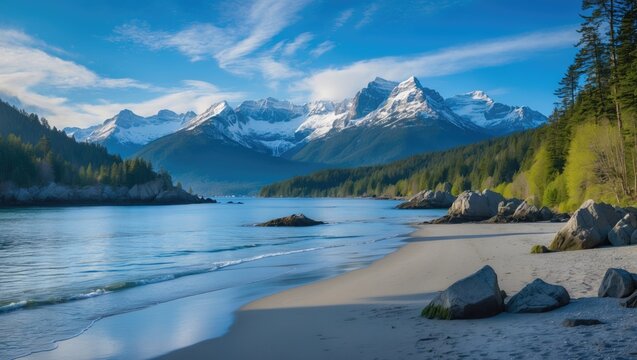Spectacular landscape showcasing the ocean, snow-capped mountains, and rugged rocks at Sechelt inlet