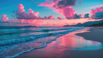 Evening Glow Over a Coastal Paradise with Turquoise Waters and Pink-Hued Clouds