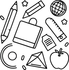 A colorful vector set of school tools, including a pencil, scissors, and brush, designed as educational icons