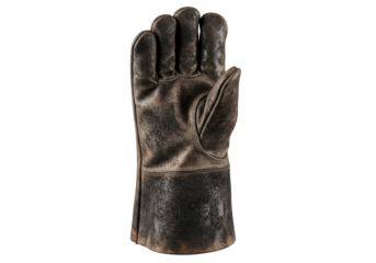 A single heavy-duty leather welding glove, stiff, worn, with scorched marks and soot, isolated against a uniform transparent background, high-contrast studio lighting. Concept of industrial ruggedness
