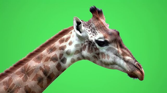 Close-up Side Profile of a Giraffe's Head and Neck Isolated on a Bright Green Chroma Key Background, Ideal for Compositing