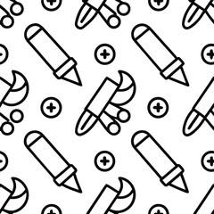 Seamless pattern with various painting and drawing tools like brushes, rollers, pencils, and markers