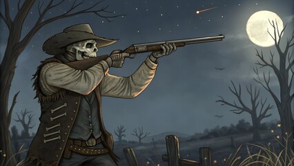 Skeleton Ghost Cowboy Aiming Shotgun.