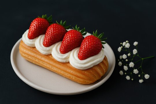 Sweet ecler dessert adorned with fresh strawberries