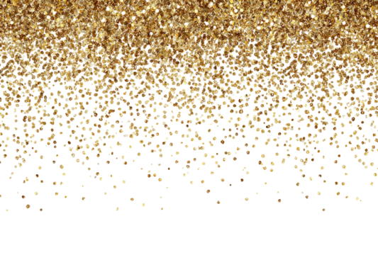 Golden glitter sparkling and shimmering falling from top to bottom on a transparent background