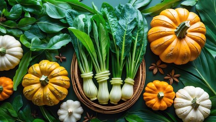 Assorted fresh produce featuring Kocai leaves and Siyem pumpkin for your meals