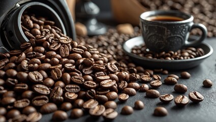 Fototapeta premium Close-up of coffee beans alongside a coffee machine and accessories