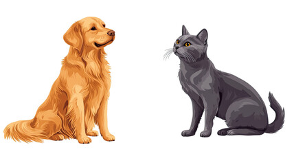 Golden Retriever dog and gray cat sitting together isolated on white background
